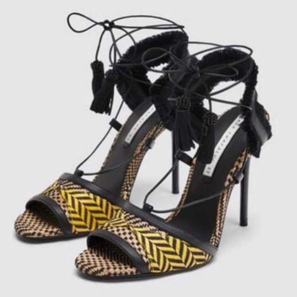 Zara Black and Yellow Woven Lace Up Sandals